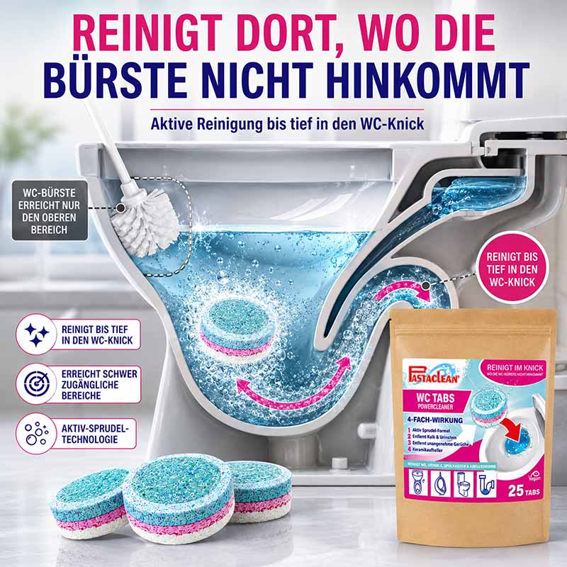 WC Tabs Reiniger für Toiletten, Spülkasten und Urinale, 25 Stück; aktive Reinigung bis tief in den WC-Knick; entfernt Kalk und Urinstein; schwer zugängliche Bereiche; Aktiv-Sprudel-Technologie; PowerCleaner Verpackung.
