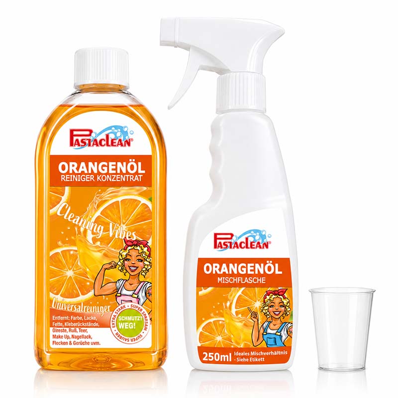 Pastaclean Orangenöl Reiniger Konzentrat für effektive Reinigung von Farbe, Lack, Fett, Kleberückständen, Ölresten, Make-up und Nagellack auf vielseitigen Oberflächen.