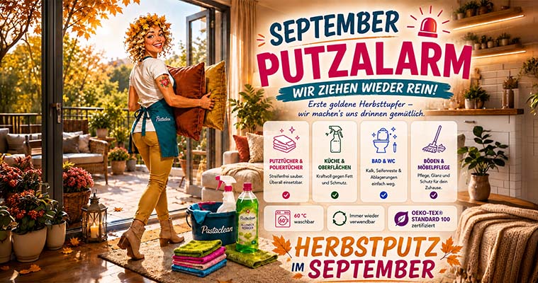 Pastaclean Reinigungsmittelset für Putzaktion im September, geeignet für Küche, Bad, WC, Möbelpflege; beinhaltet Produkte zur Entfernung von Kalk, Schmierseife, Oeko-Tex zertifiziert, waschbar bei 60°C, mehrfach verwendbar.