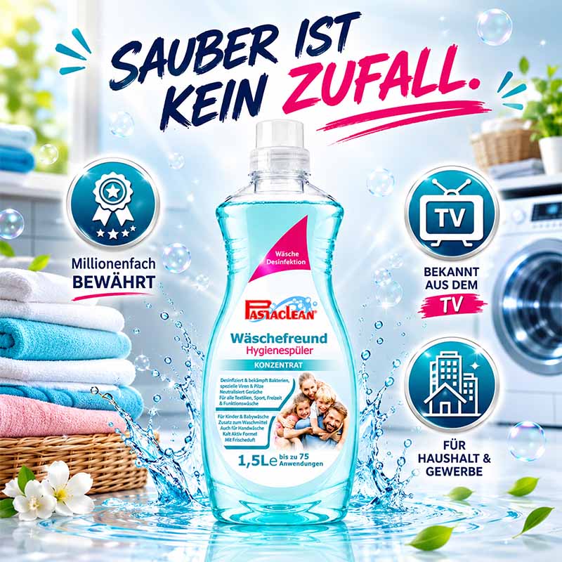 Wäschefreund Hygienespüler 1,5 Liter, Desinfektion, für Haushaltswäsche, Konzentratformel, entfernt Bakterien, bekannt aus TV, millionenfach bewährt, geeignet für Haushalt und Gewerbe, bis zu 75 Anwendungen, Waschmittelzusatz