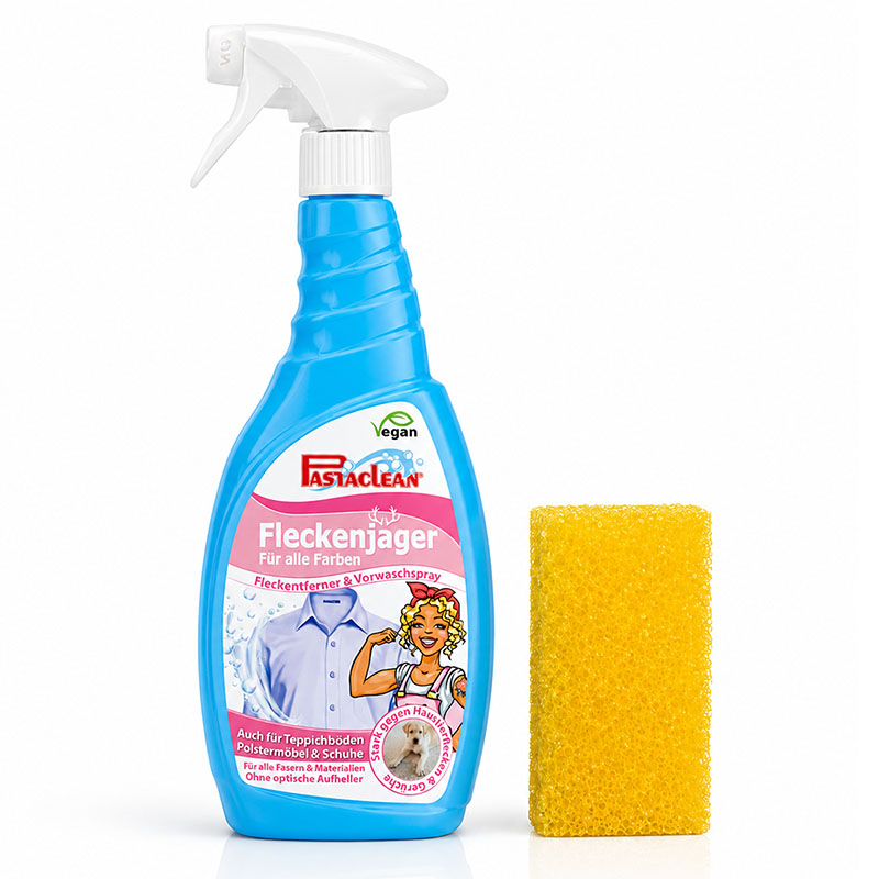 Fleckenjäger Fleckenentferner Spray 750 ml plus Schwamm, Fleckenentfernung für alle Farben, geeignet für Teppichböden, Polstermöbel, Schuhe, Vorwaschspray, vegan, sanft zur Haut, ohne optische Aufheller, Reinigungsspray, Haushaltspflege.