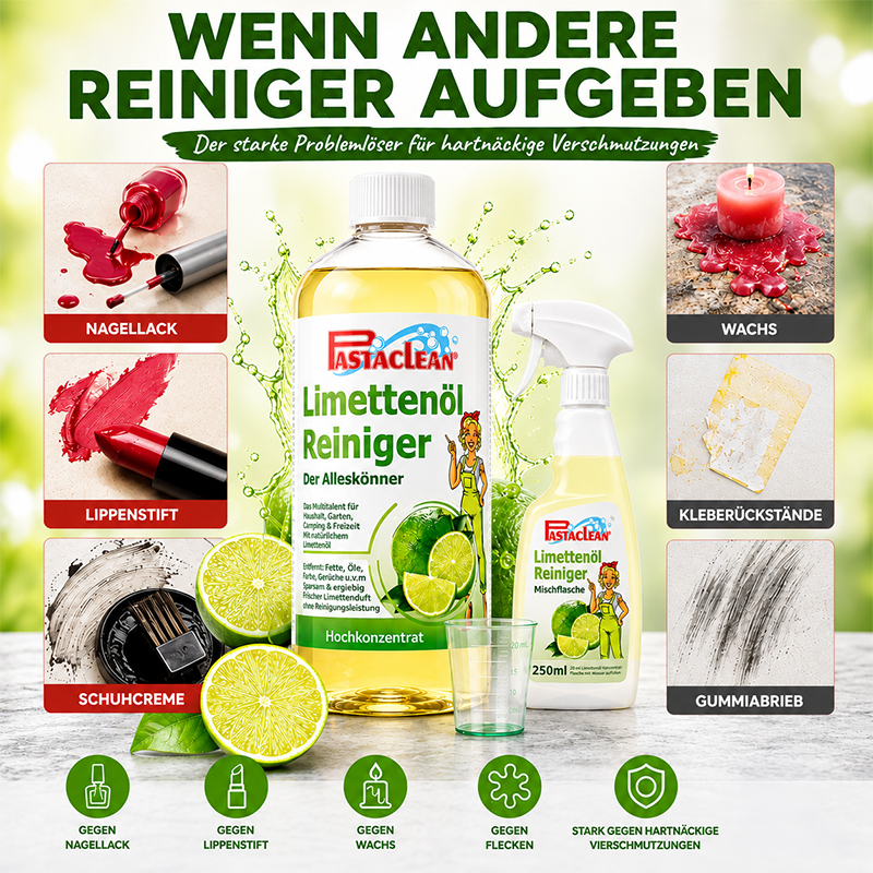 Limettenöl Reiniger Konzentrat 1 Liter, stark gegen hartnäckige Verschmutzungen. Effektiv gegen Nagellack, Lippenstift, Wachs, Kleberückstände, Schuhcreme, Gummiabtrieb. Hochkonzentrierter Alleskönner für vielseitige Reinigungsanwendungen.