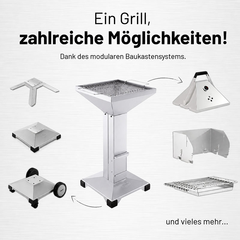 THÜROS T3 Edelstahl Holzkohlegrill, 42×42 cm Grillfläche, modulares Baukastensystem, vielseitige Zusatzelemente, Grillzubehör, Fußplatte, Erweiterungsoptionen, Outdoor-Cooking, hochwertige Materialien, langlebiger Grill, Grillen im Freien, mobile Optionen