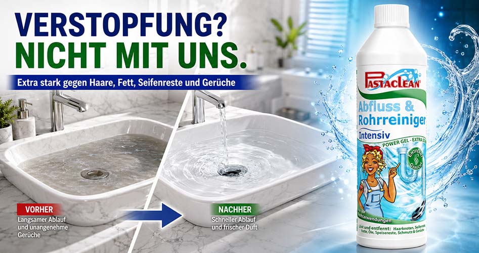 Pastaclean Abfluss & Rohrreiniger Intensiv Power Gel für Haare, Fett, Seifenreste und Gerüche, geeignet für Abflüsse in Küche und Bad, extra stark für schnellen Ablauf und frischen Duft