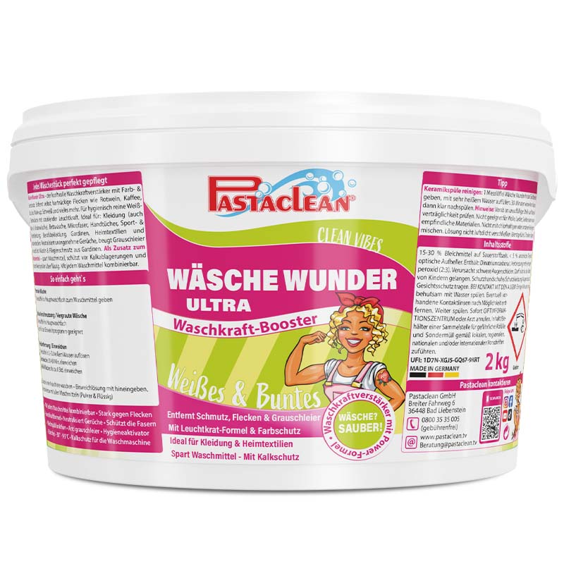 Pastaclean Wäsche Wunder Ultra, kraftvoller Waschkraftverstärker für Weiß- und Buntwäsche, 2 kg, entfernt Schmutz und Flecken, geeignet für Kleidung und Heimtextilien, mit Leuchtkraft-Formel und Farbschutz.
