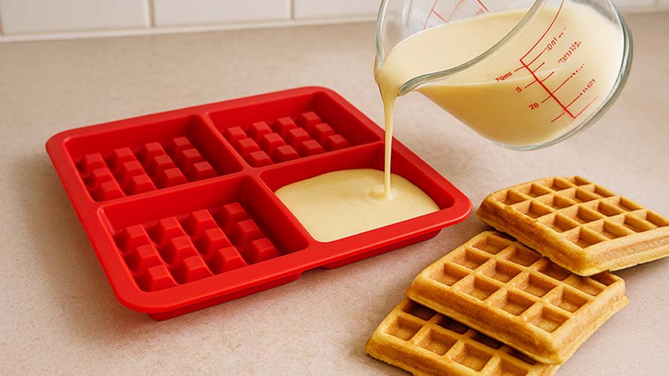Zimtwaffel Teig in die Silikon Backform von WIR24 füllen Zimtwaffel Teig in die Silikon Backform von WIR24 füllen