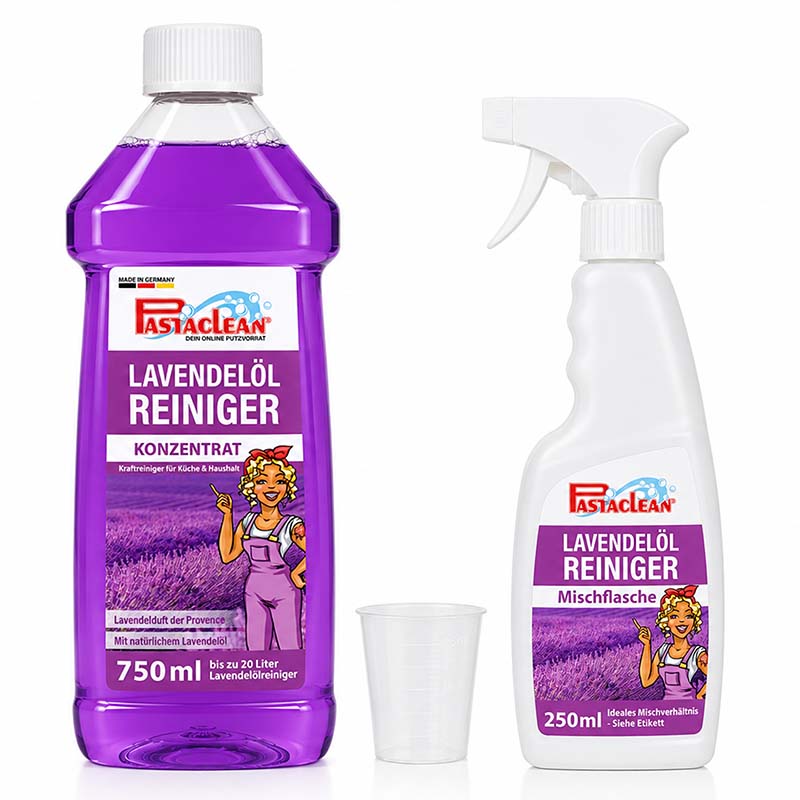 Lavendelöl Reiniger, 750 ml, Konzentratform, Putzmittel mit natürlichem Lavendelduft, geeignet für Küche und Haushalt, zwei Flaschen mit Messbecher, Putz- und Reinigungsmittel, FastClean Marke.