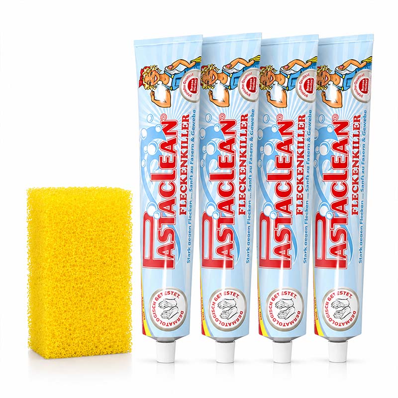 Fleckenpaste Fleckenentferner 4x 100ml, Fastclean Fleckenkiller, inklusive gelbem Schwamm, für effektive Fleckenentfernung, Reinigungsmittel, Haushaltspflege, starke Reinigungskraft, schonend für Textilien und Oberflächen.
