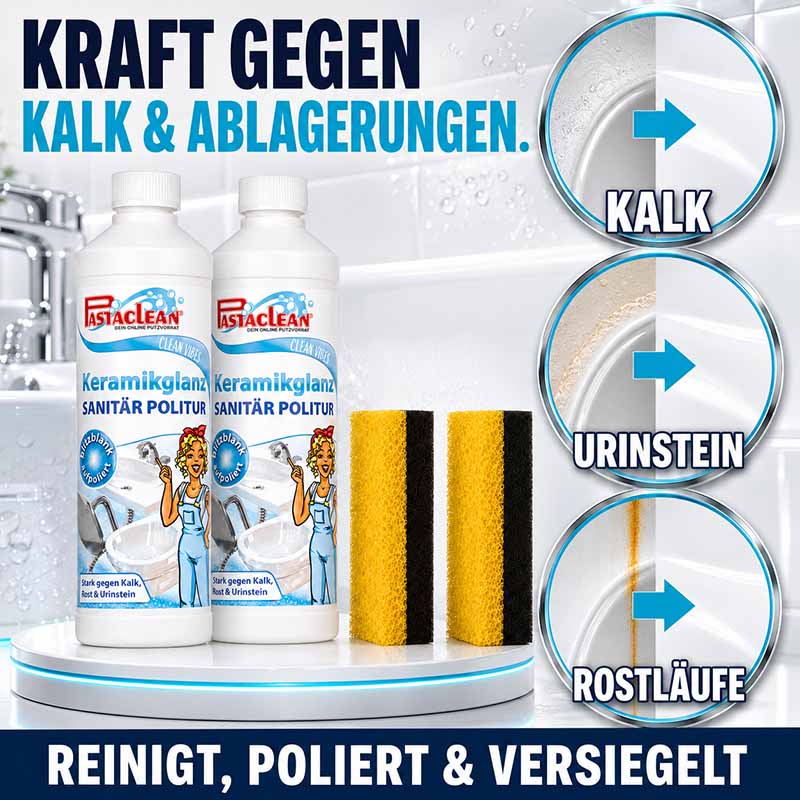 Pastaclean Keramikglanz Sanitärpolitur reinigt, poliert und versiegelt gegen Kalk, Urinstein und Rostläufe. Ideal für den Einsatz in Bad und WC, 2x 500ml inkl. Schwämme.
