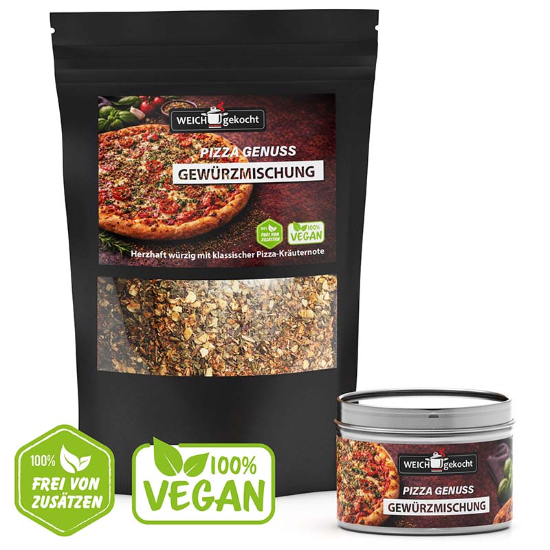 Pizza Genuss Gewürze Set, Würzmischung in 100 g Beutel und Dose, herzhaft würzig, vegane Kräutermischung für Pizza, frei von Zusätzen, ideal zum Würzen von Pizza, 100% vegan, Gewürzset für Pizzaliebhaber.