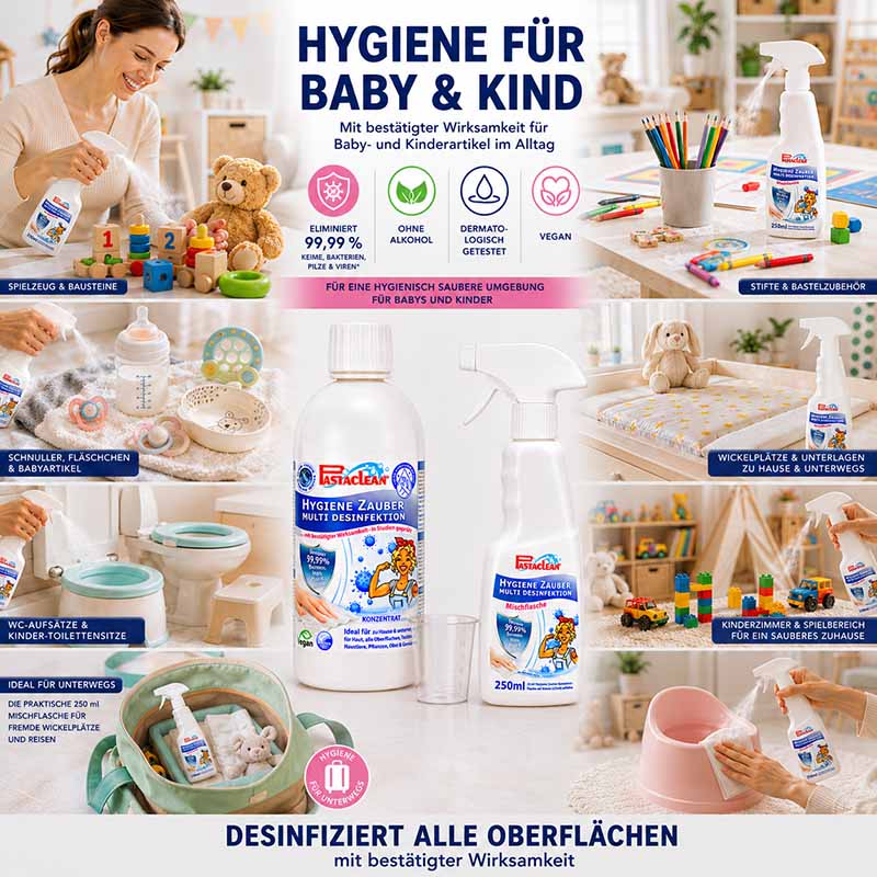 Pastaclean Hygiene Zauber Flächendesinfektion Konzentrat für Oberflächen, eliminiert 99,99 % Keime, geeignet für Baby- und Kinderartikel, dermatologisch getestet, vegan, ideal für Wickelplätze, Spielzeug und Unterlagen