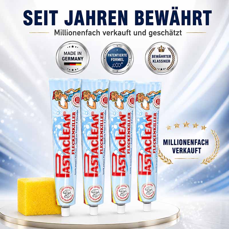 Fleckenpaste Fleckenentferner, 4x 100ml, Pastaclean, seit Jahren bewährt, patentierte Formel, Made in Germany, Fleckenentfernung, Reinigungsprodukt, millionenfach verkauft, bewährter Klassiker, effektive Fleckenentfernung, Reinigungszubehör, Haushaltspfle