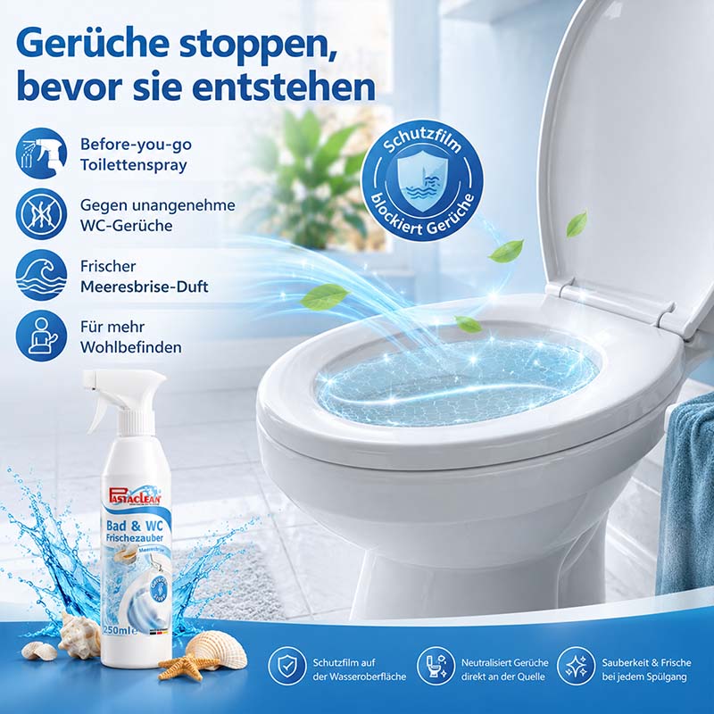 Bad & WC Frischezauber Duftspray, Meeresbrise, 2x 250ml, Toilettenspray, Schutzfilm gegen WC-Gerüche, Frischer Duft, Wohlbefinden, Badezimmer, Geruchsstopp, Sauberkeit, Frische, Anwendung vor Toilettengang, Geruchsneutralisation.