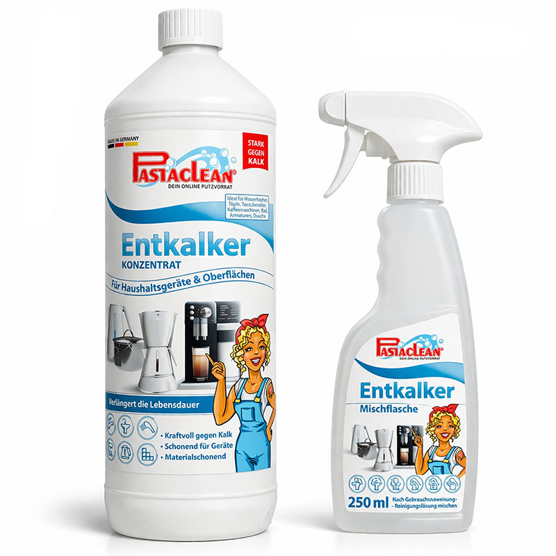 Universal Entkalker Konzentrat 1000 ml und Mischflasche 250 ml, starke Kalklösekraft, geeignet für Haushaltsgeräte und Oberflächen, verlängert Lebensdauer, materialschonend, kraftvoll gegen Kalk, Pastaclean Marke.