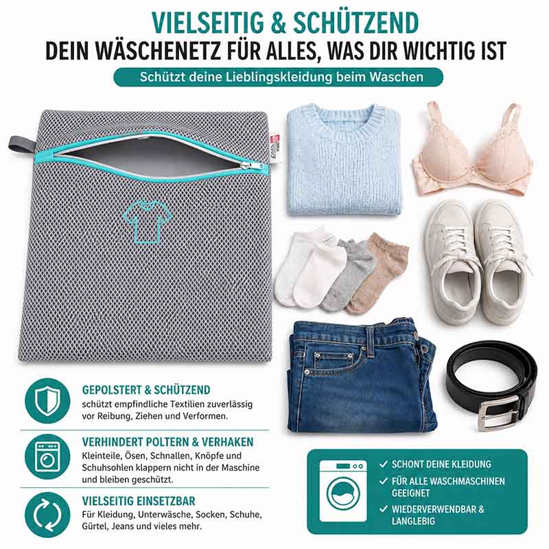 Wäschenetz groß grau mit Reißverschluss, schützt Textilien vor Reibung und Verhaken, geeignet für Wäschetrockner, vielseitig einsetzbar für Kleidung, Schuhe und Accessoires, wiederverwendbar und langlebig.