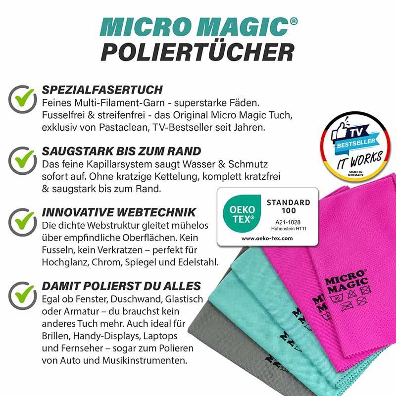 Micro Magic Poliertücher im 5er-Set aus Oeko-Tex zertifizierter Mikrofaser, fusselfrei, streifenfrei und kratzfrei, ideal zum Polieren von Glas, Spiegeln, Chrom, Edelstahl und empfindlichen Hochglanzoberflächen