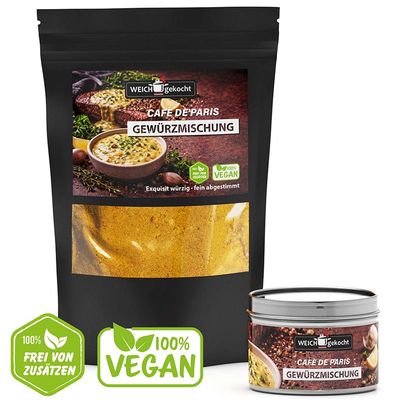 Cafè de Paris Gewürze Set, Würzmischung, 100 g, Dose, vegan, frei von Zusätzen, Würzmischung in schwarzem Beutel und Dose, exotische Gewürze, vielseitige Anwendung, ideal zum Kochen und Verfeinern von Speisen, aromatisch, Gewürzvielfalt.