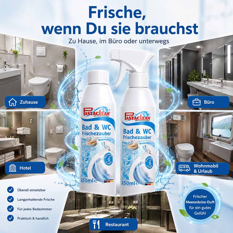 Pastaclean Bad & WC Frischezauber, Duftspray Meeresbrise, 2x 250ml, langanhaltende Frische, ideal für Badezimmer, Büro, Wohnmobil, Hotel, Restaurant, sorgt für frischen Duft, vielseitig einsetzbar, praktisches Design