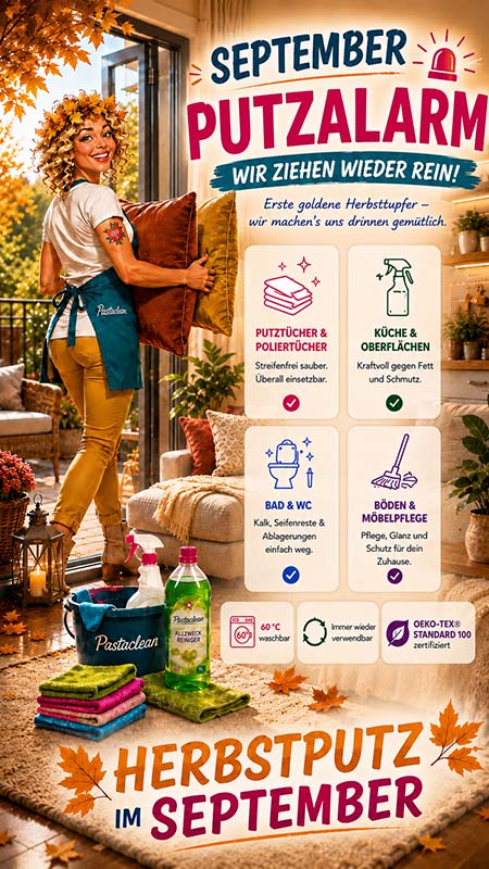 Pastaclean Putzalarm Set für Küche, Bad und Böden, inklusive Putztücher und Poliertücher, effektiv gegen Fett, Schmutz, Kalk und Seifenreste, geeignet für Herbstputz und Innenreinigung, OEKO-TEX zertifiziert.