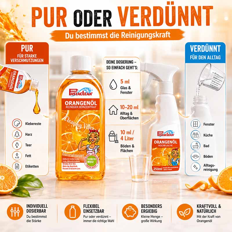 Pastaclean Orangenöl Reiniger Konzentrat 3x 500 ml zur Entfernung von Kleberesten, Harz, Teer, Fett und Etiketten auf Glas, Fenster, Böden und Flächen, flexibel einsetzbar, pur oder verdünnt, kraftvoll und natürlich.