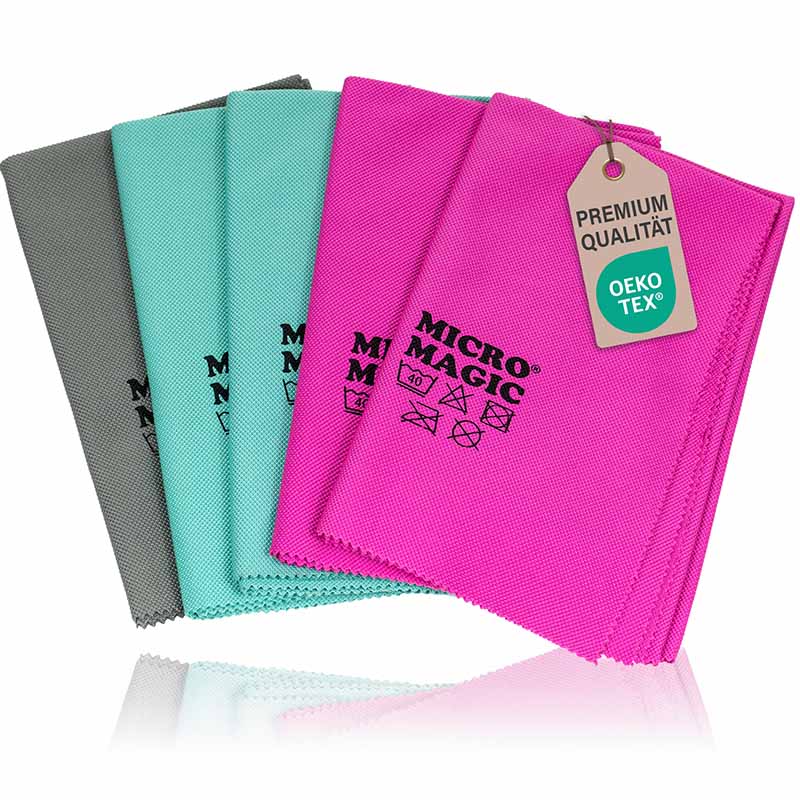 Micro Magic Glas- und Poliertücher im 5er-Set in verschiedenen Farben, hochwertige Oeko-Tex Mikrofaser für streifenfreie Reinigung von Glas, Spiegeln, Edelstahl, Armaturen und glatten Oberflächen