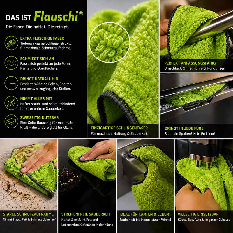 Flauschi Flauschtücher 10tlg, extra flauschige Schlingenstruktur für maximale Schmutzaufnahme, vielseitig einsetzbar, ideal für Kanten, Ecken und schwer zugängliche Stellen, geeignet für Küche, Bad und Auto.
