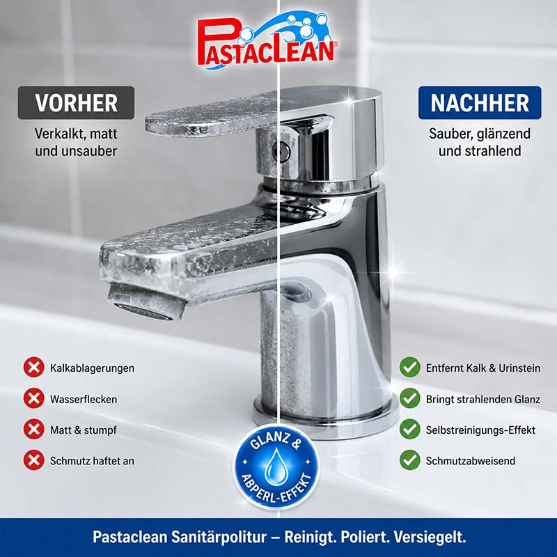 Pastaclean Sanitärpolitur, Vorher-Nachher-Vergleich, entfernt Kalk und Urinstein, bringt strahlenden Glanz, Selbstreinigungseffekt, schmutzabweisend, Sanitärreiniger, Politur, Badreiniger, Pinienöl, Reinigt, Poliert, Versiegelt, 2x 500ml.