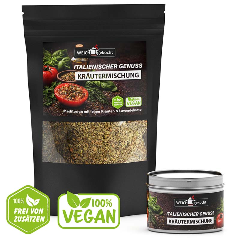 Italienischer Genuss Gewürze Set, 100 g, Kräutermischung, vegan, mediterran, Kräuterset, Gewürzmischung, mit Dose, Lavendelnote, frei von Zusatzstoffen, fein, Würzmischung, Küche, Kochen, vegan, Kräuter, italienische Küche, Gewürze, Sets