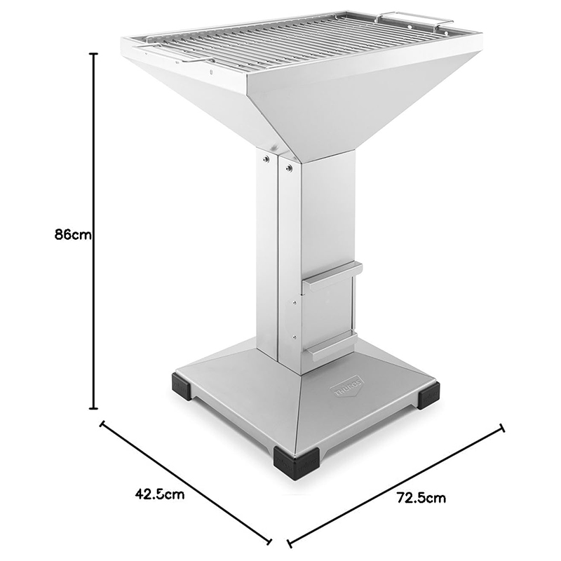 THÜROS T4 Holzkohle Grill aus Edelstahl, großer Gartengrill mit Plattenfuß, Abmessungen: 86cm Höhe, 42,5cm Breite, 72,5cm Tiefe, ideal für Outdoor-Grillabende, robuste und langlebige Konstruktion.