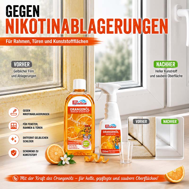 Pastaclean Orangenöl Reiniger Konzentrat für die Entfernung von Nikotinablagerungen auf Rahmen, Türen und Kunststoffflächen, 500 ml, reinigt gelbliche Ablagerungen, schonend für alle Oberflächen, ideal für Fensterpflege.