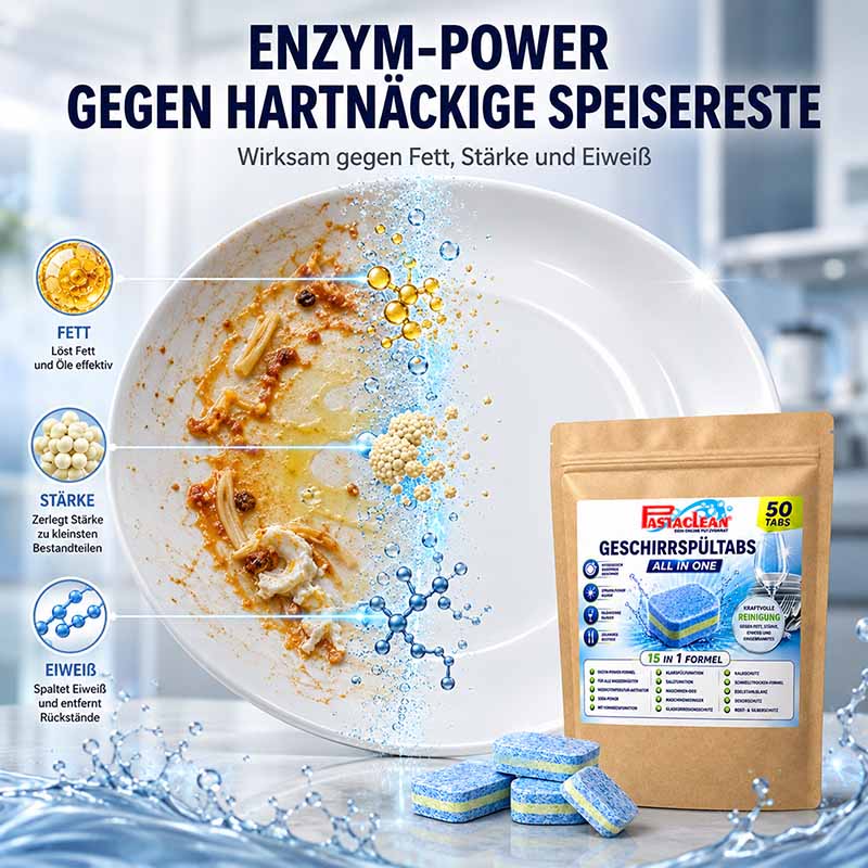 Spülmaschinentabs All-In-One 50 Stück, starke Fettlösekraft, gegen Fett, Stärke und Eiweiß, wirksam gegen hartnäckige Speisereste, Geschirrspültabs, Reinigungskraft, Enzym-Power, nachhaltige Sauberkeit, Verpackung und einzelne Tabs abgebildet.