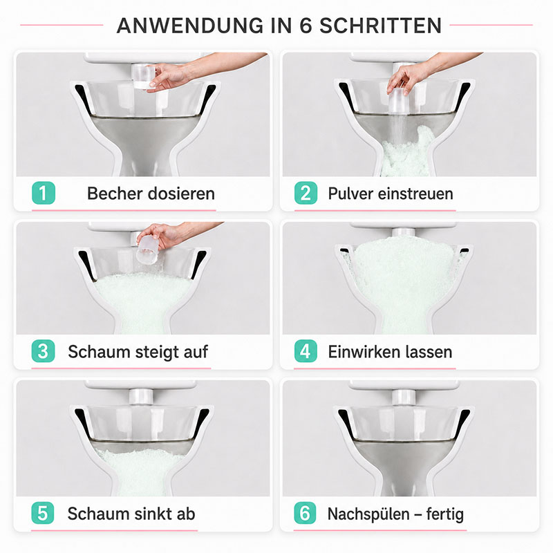 Pastaclean WC Pulver 3kg mit Keramikaufheller zur Entfernung von Kalk und Ablagerungen in Toilette, Urinal und Bidet, Anwendung in 6 Schritten: dosieren, einstreuen, Schaumentwicklung, einwirken lassen, absenken, nachspülen.