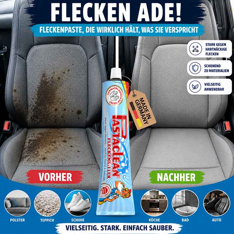 Fleckenpaste Fleckenentferner 4x 100ml; effektiv gegen hartnäckige Flecken auf Polstern, Teppichen, Schuhen, in der Küche, im Bad, Auto; vielseitig, schonend zu Materialien; made in Germany; vorher-nachher Vergleich sichtbar