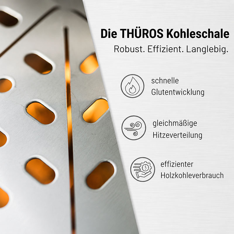 THÜROS T3 Edelstahl Holzkohlegrill, Kohleschale, robuste Bauweise, schnelle Glutentwicklung, gleichmäßige Hitzeverteilung, effizienter Holzkohleverbrauch, 42x42 cm Grillfläche, langlebig, effizienter Grill, Outdoor-Grillgeräte, BBQ-Grillzubehör