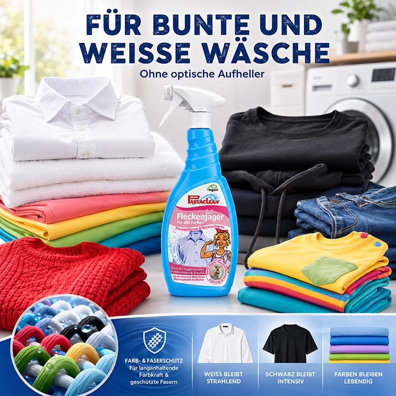 Fleckenjäger Fleckenentferner Spray 750 ml mit Schwamm für bunte und weiße Wäsche, ohne optische Aufheller, farb- und faserschonend, eignet sich für farbige Kleidung und weiße Textilien. Mit Waschtipps und Schutzsymbol vor Waschmaschine.