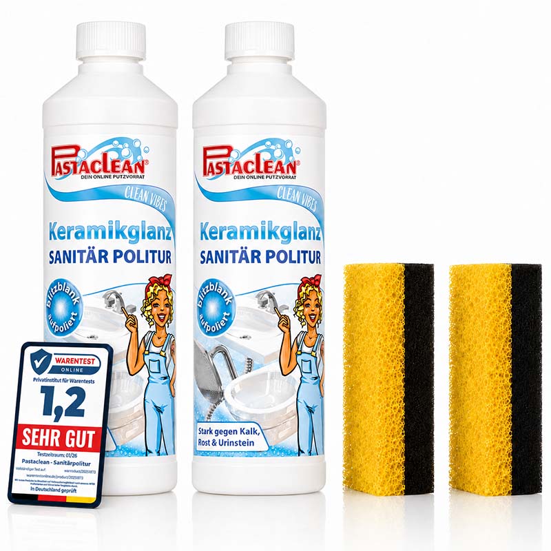 Pastaclean Sanitärpolitur 500ml, Set mit Schwämmen zur Reinigung von Keramik, entfernt Kalk, Rost, Urinstein, ideal für Bad und Küche.