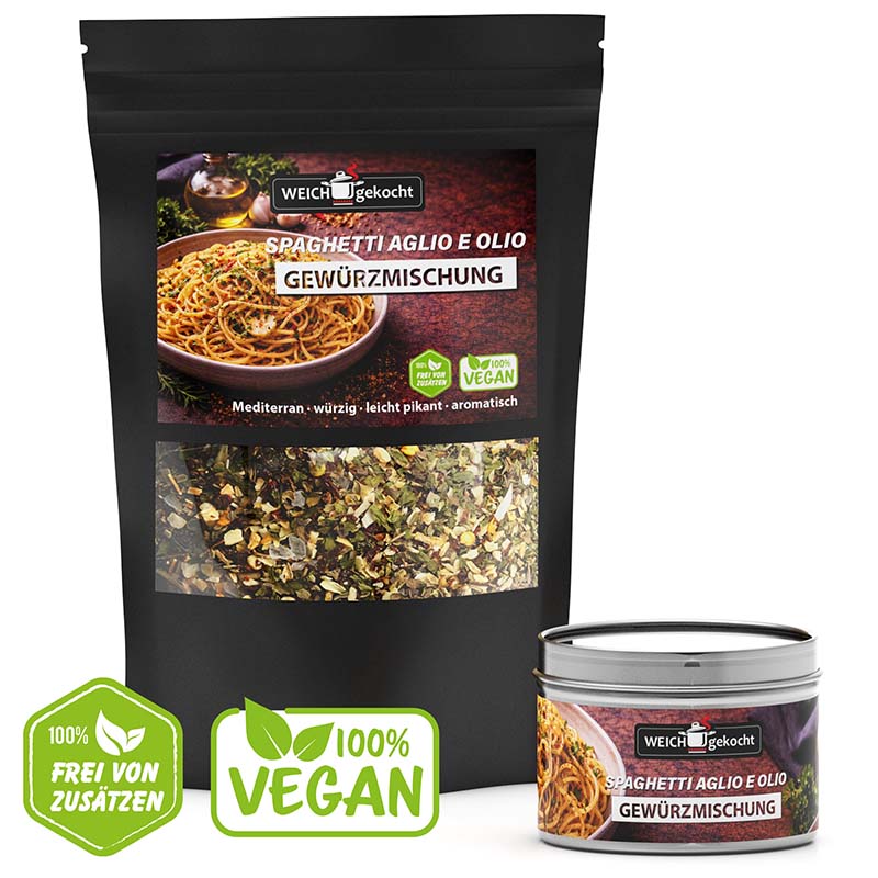 Spaghetti aglio e olio Gewürze Set 100g, Würzmischung, mediterran, würzig, leicht pikant, aromatisch, Dose, vegan, frei von Zusätzen, Produktbild, Verpackung, Küche, italienisch, Pasta, Kräuter, Zubereitung, Geschenkset, Weichgekocht Marke