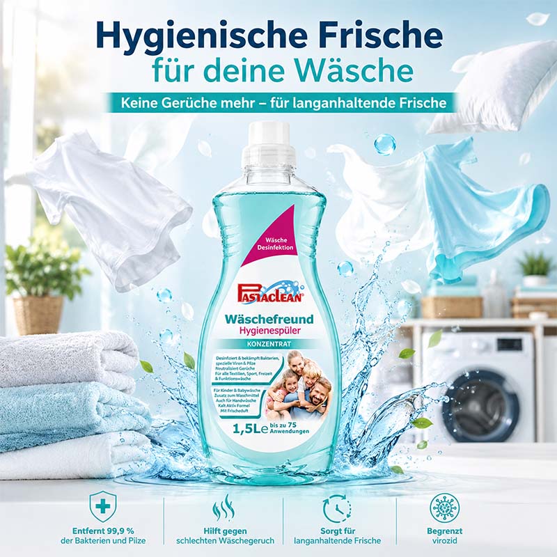 Wäschefreund Hygienespüler 1,5 Liter, konzentriert, antibakteriell, entfernt 99,9% Bakterien, gegen schlechten Wäschegeruch, langanhaltende Frische, Waschdesinfektion, bis zu 75 Anwendungen, viruzid begrenzt.