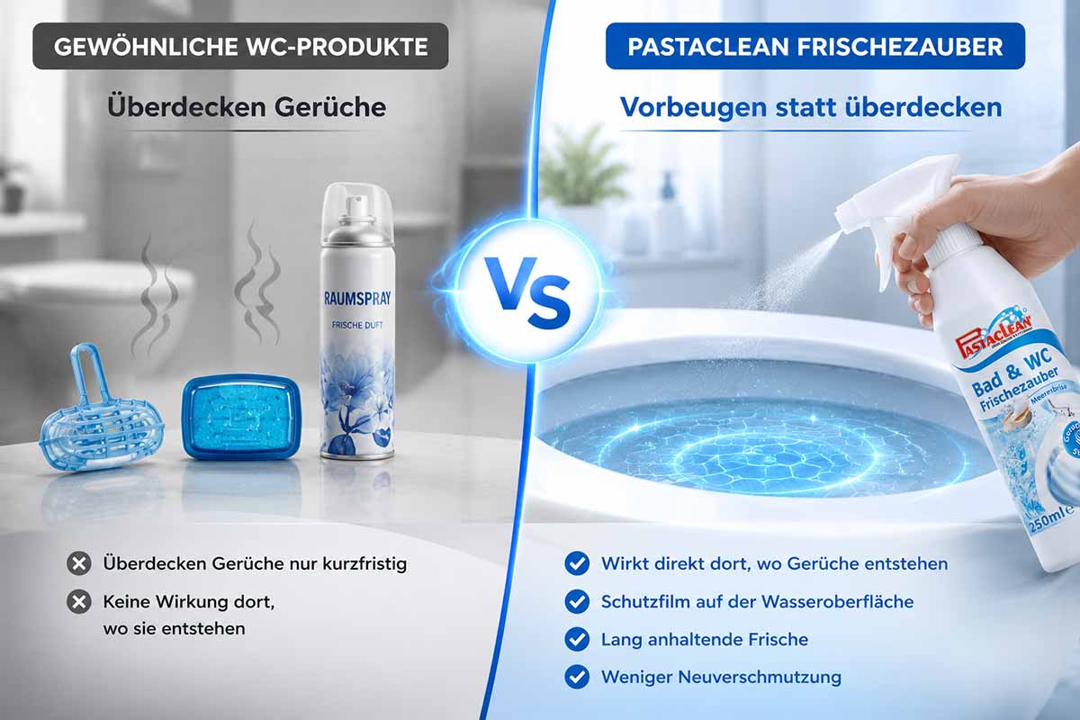 Vergleich von WC-Produkten: Links gewöhnliche Produkte wie Raumspray, rechts Pastaclean Frischezauber Bad- und WC-Reiniger. Vorteile von Pastaclean: Direktes Wirken gegen Gerüche, Schutzfilm, langanhaltende Frische, weniger Verschmutzung.
