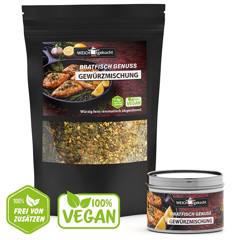 Bratfisch Genuss Gewürzmischung Set, 100 g Tüte und Dose, vegane Gewürze, aromatisch, frei von Zusätzen, Würzmischung für Fischgerichte, hochwertige Zutaten, perfekt für Bratfisch, veganer Genuss, natürliche Gewürzzubereitung.