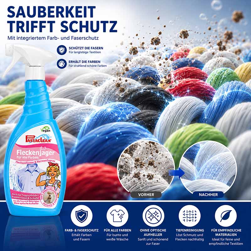 Fleckenjäger Fleckenentferner Spray 750 ml mit Schwamm, Farb- und Faserschutz, entfernt Schmutz und Flecken, geeignet für farbige und weiße Wäsche, sanft zu empfindlichen Materialien, Tiefenreinigung, vegan, ohne optische Aufheller