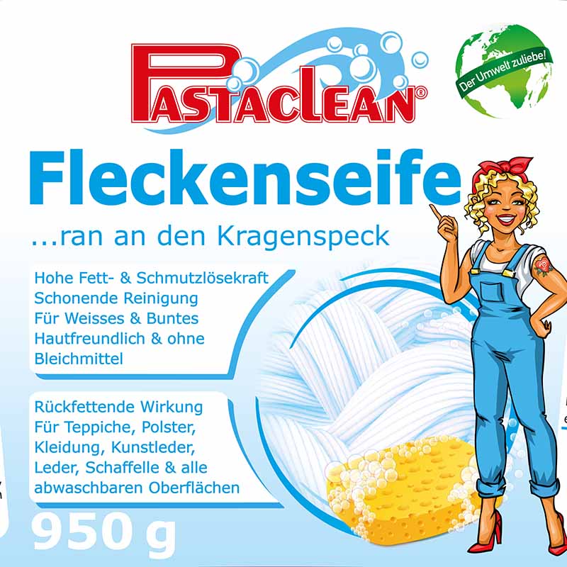 Pastaclean Fleckenseife 950g, Ochsen Gallseife, effektive Fleckenentfernung, hohe Fett- und Schmutzlösekraft, geeignet für Weißes und Buntes, rückfettend, hautfreundlich, umweltfreundlich, ohne Bleichmittel, für Textilien und Leder.