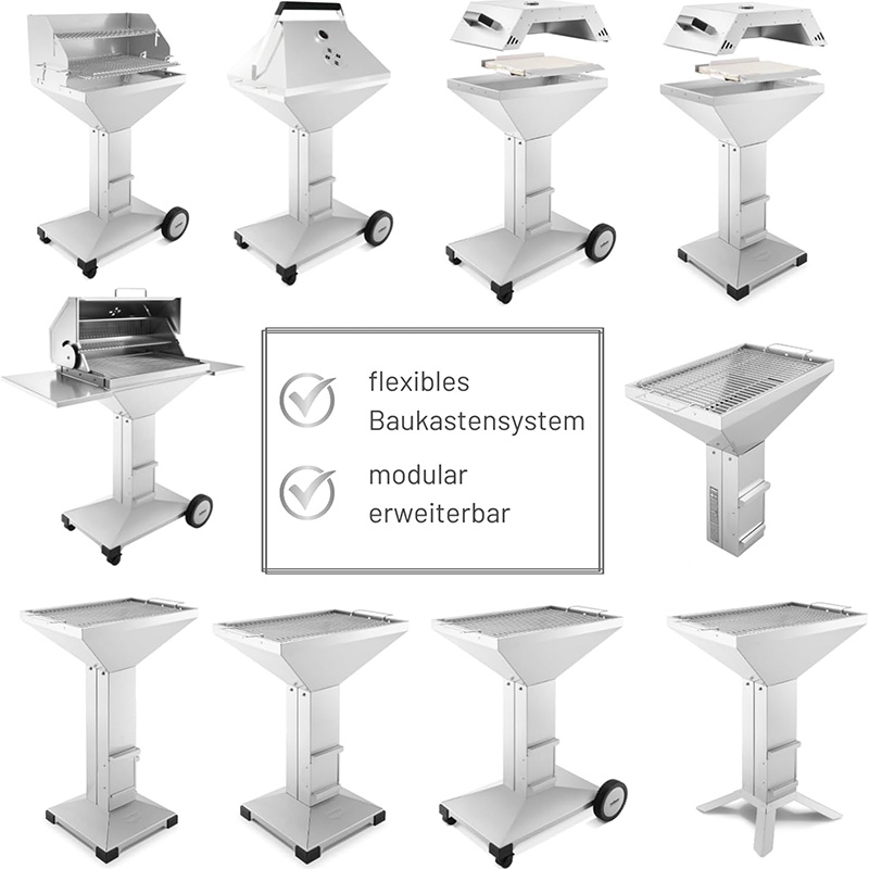 THÜROS Holzkohle Grill Edelstahl T4 fahrbar, Kaminzuggrill, flexibles Baukastensystem, modular erweiterbar, modernes Grilldesign, langlebiger Edelstahl, vielseitig, robust, geeignet für Outdoor-Grillen, mobile Grillstation für Garten und Terrasse
