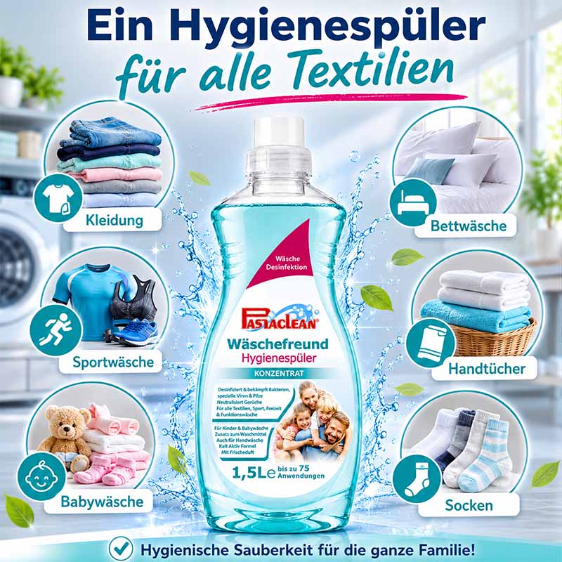 Wäschefreund Hygienespüler 1,5 Liter für Kleidung, Bettwäsche, Handtücher, Sportwäsche, Babywäsche, Socken. Effektive Desinfektion, neutraler Geruch, geeignet für alle Textilien. Hygienische Sauberkeit für die Familie. Bis zu 75 Anwendungen.