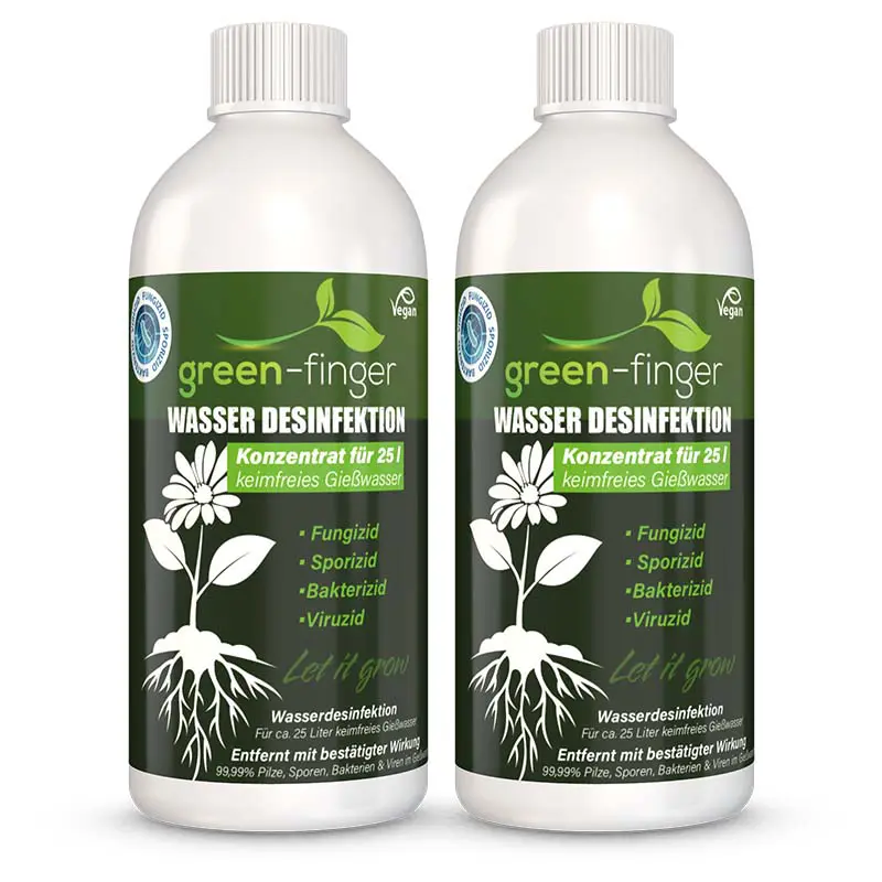 GREEN-FINGER Wasser Desinfektion Konzentrat für keimfreies Gießwasser, 2x 500 ml, fungizide, sporizide, bakterizide, viruzide Wirkung, pflanzenfreundlich und vegan, optimal für Garten- und Zimmerpflanzenpflege.