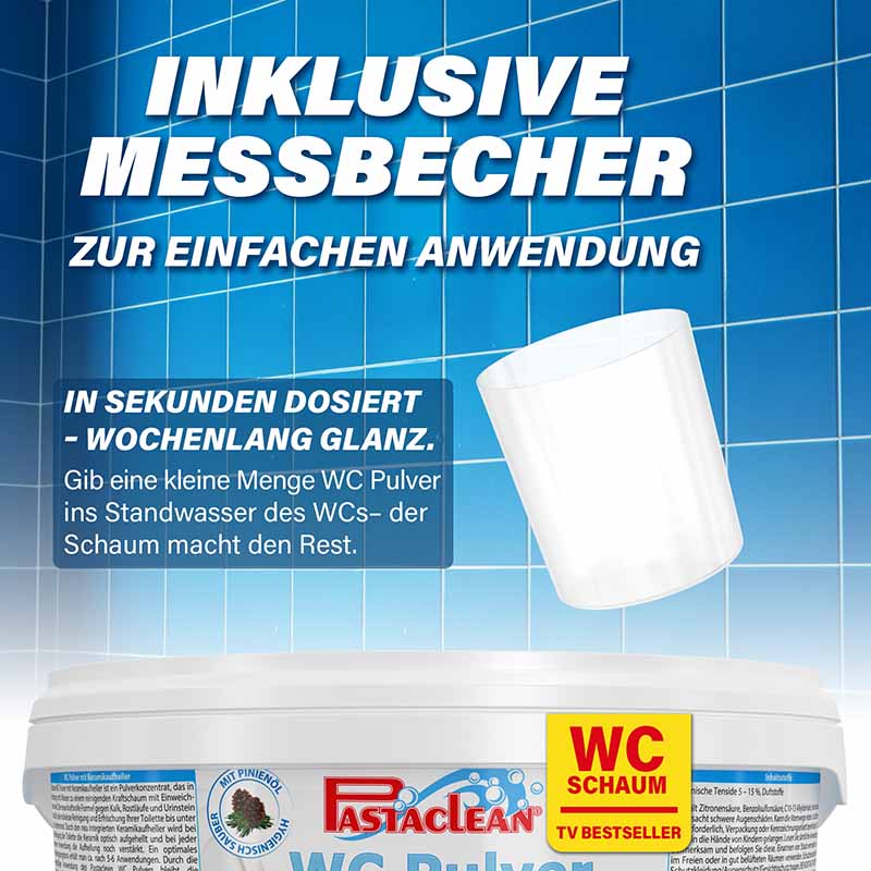 Pastaclean WC Schaum Reiniger, 1 kg Behälter, inklusive Messbecher, entfernt Kalk und Urinstein, einfach in WC Standwasser dosieren, Reinigungspulver mit langanhaltendem Glanz, TV Bestseller, effektiver Toilettenreiniger.