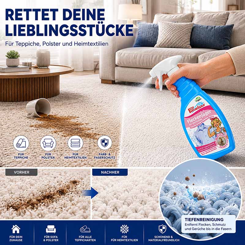 Teppichreiniger Spray für Fleckenentfernung auf Teppichen, Polstern und Heimtextilien, schützt Farben und Fasern, entfernt Flecken, Schmutz und Gerüche, geeignet für Zuhause, Sofas, alle Teppicharten, tiefenwirksame Reinigung.