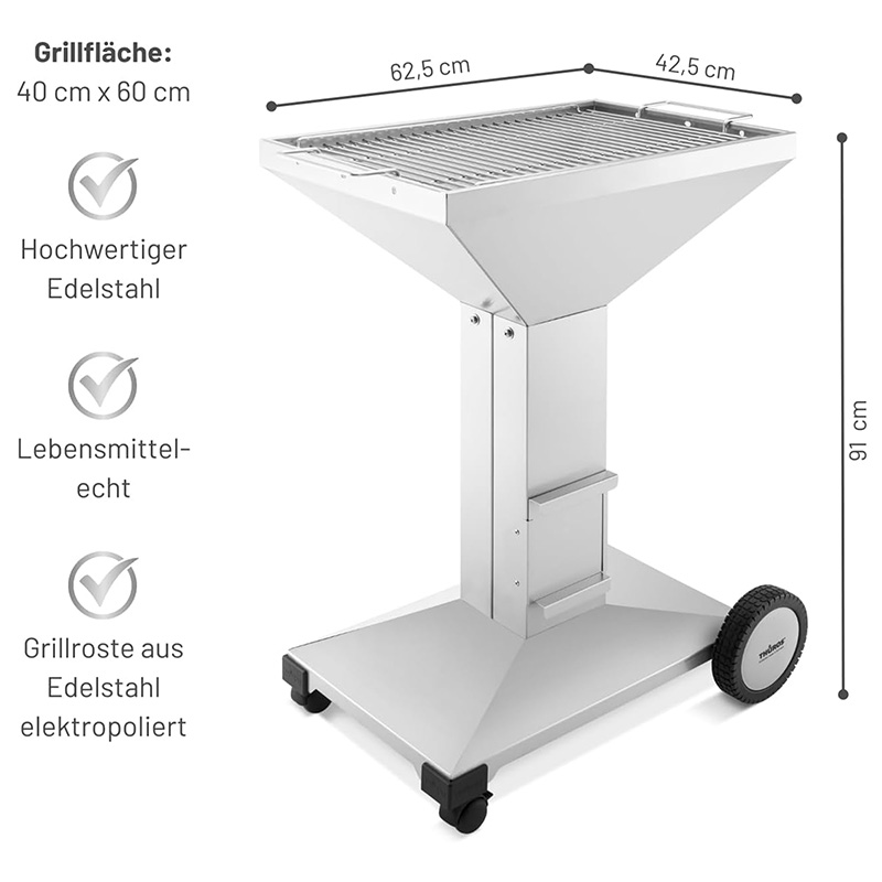 THÜROS Holzkohle Grill Edelstahl T4 fahrbar, Kaminzuggrill, Grillfläche 40x60 cm, Grillroste elektropoliert, hochwertiger Edelstahl, lebensmittelecht, Maße 62,5x42,5x91 cm, mobil mit Rädern, robust und langlebig, ideal für Outdoor-Grillen.
