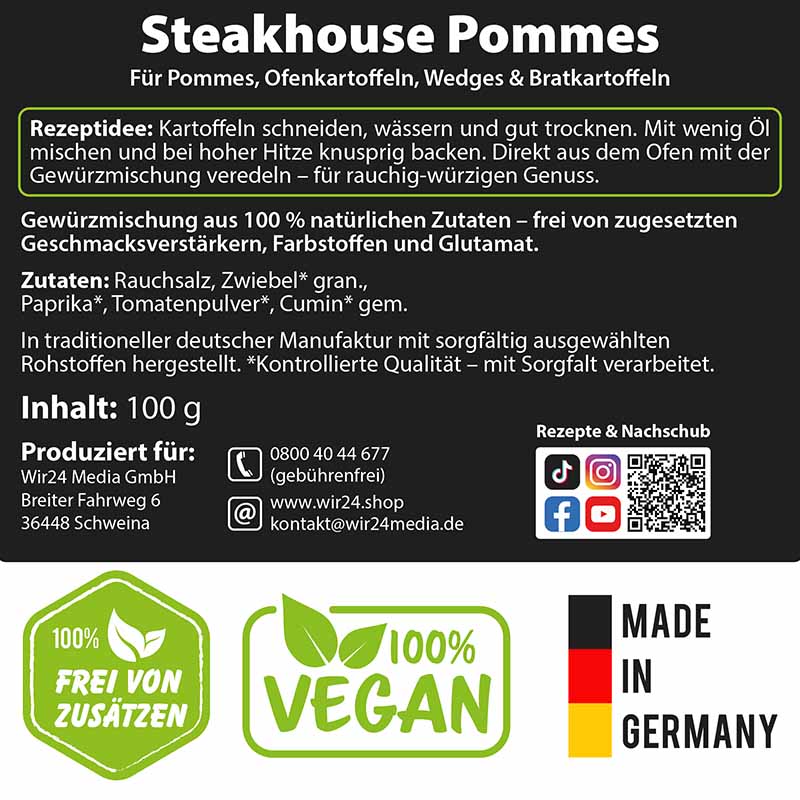Steakhouse Pommes Würzmischung für Pommes, Ofenkartoffeln, Wedges & Bratkartoffeln, 100 g, natürliche Zutaten, vegan, ohne Zusatzstoffe, hergestellt in Deutschland, Rauchsalz, Zwiebel, Paprika, Tomatenpulver, Cumin, Rezeptidee enthalten