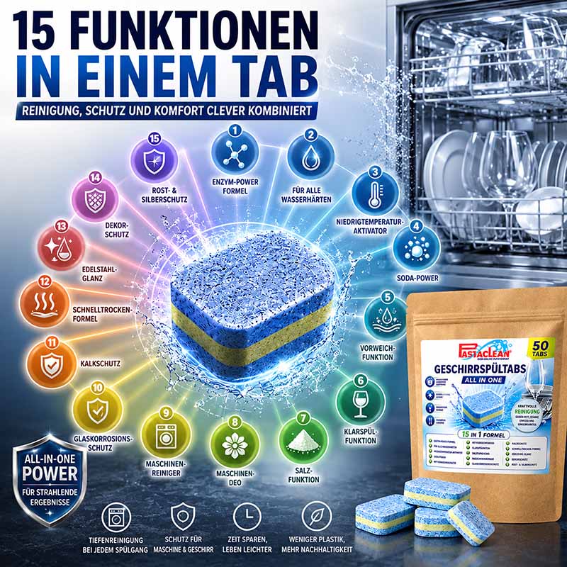 Spülmaschinentabs 50 Tabs All-In-One Geschirrspültabs, starke Fettlösekraft, 15 Funktionen, Enzym-Power, Rost- und Silberschutz, Klarspar, Maschinenreiniger, Glaskorrosionsschutz, für alle Wasserhärten, nachhaltiger Reiniger, 15-in-1 Formel